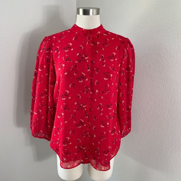 Joie Womens Large Red Floral Blouse Button Up 3/4 Sleeve Shirt Top - Picture 1 of 10